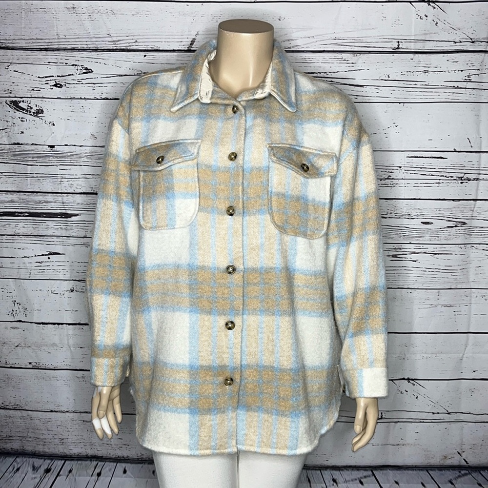 Grace+Karma Womens NWT Size 1X Tan & Blue Plaid Shacket - Shirt Jacket